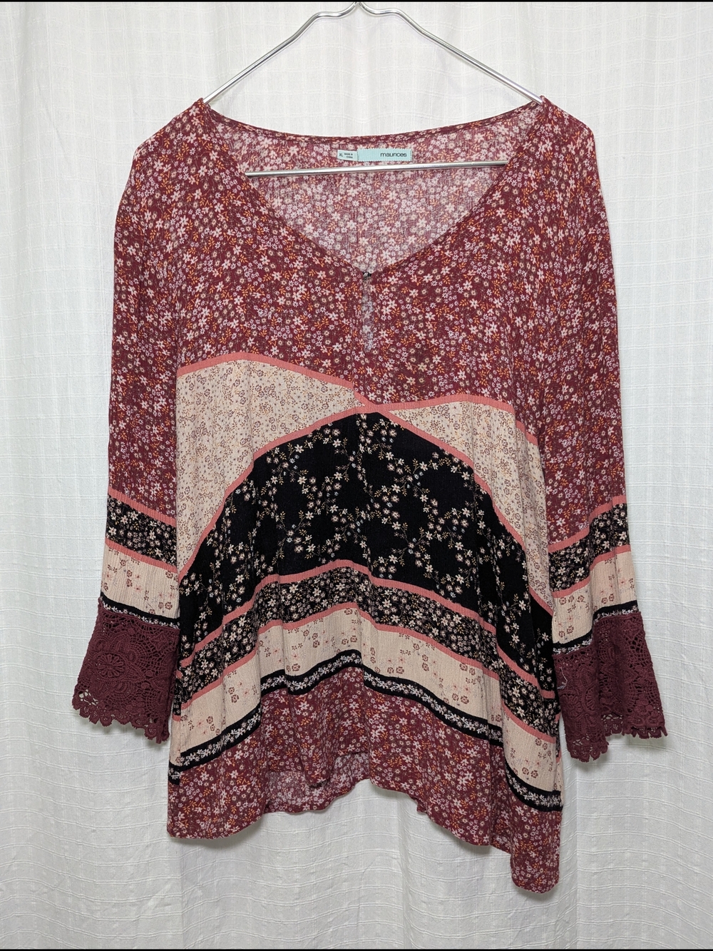 Maurices Burgundy Floral Mixed-Print V-Neck Blouse